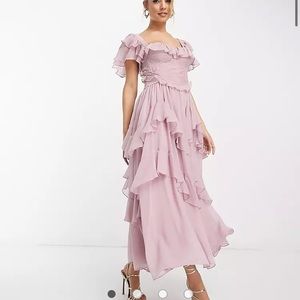 ASOS DESIGN flutter sleeve ruched corset detail tiered midi dress in mauve